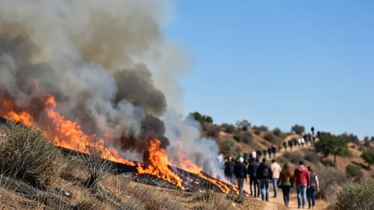 Image of a forest fire on a hillside in the Comunidad de Madrid with smoke rising into the sky.