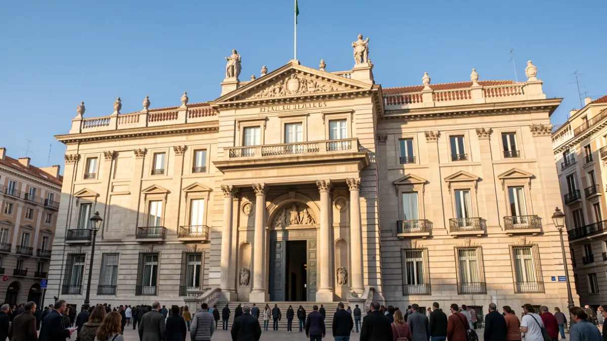 Fachada del Ayuntamiento de Madrid, un edificio de piedra con arquitectura clásica y balcón ornamentado, bajo la luz del sol de la tarde.