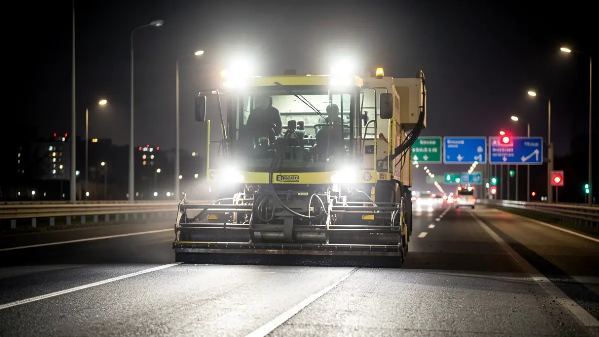 Asphalt paving machine working on a highway at night.