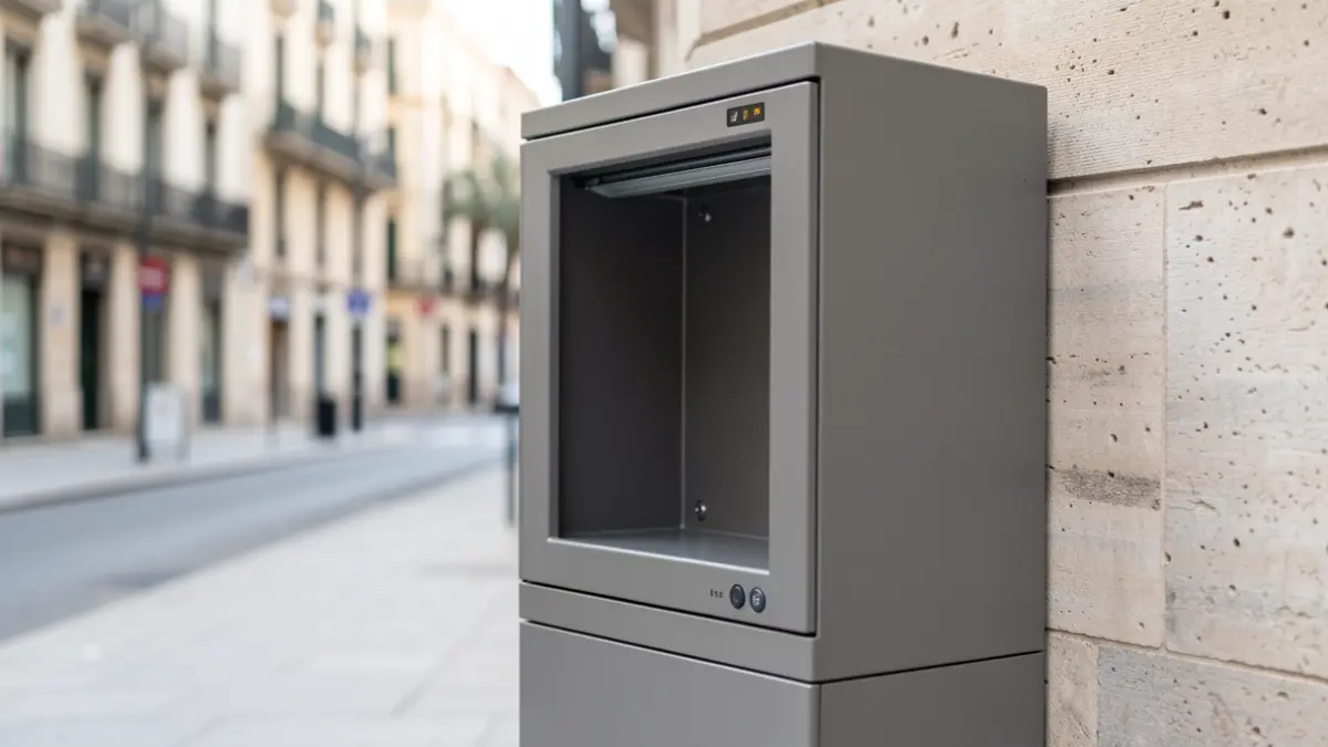 Imagen genérica de taquillas de paquetería en una acera de Madrid.