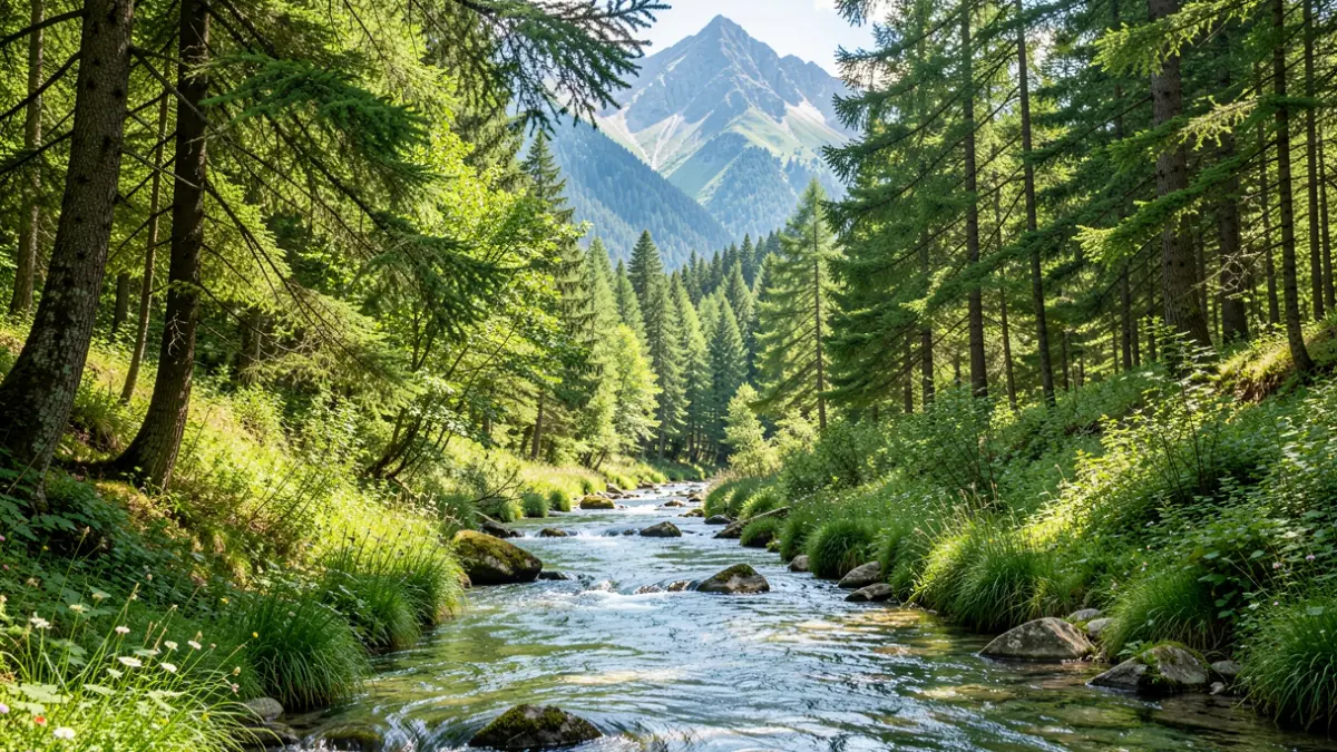 Image of a lush forest in the Sierra de Guadarrama with a stream and sunlight.