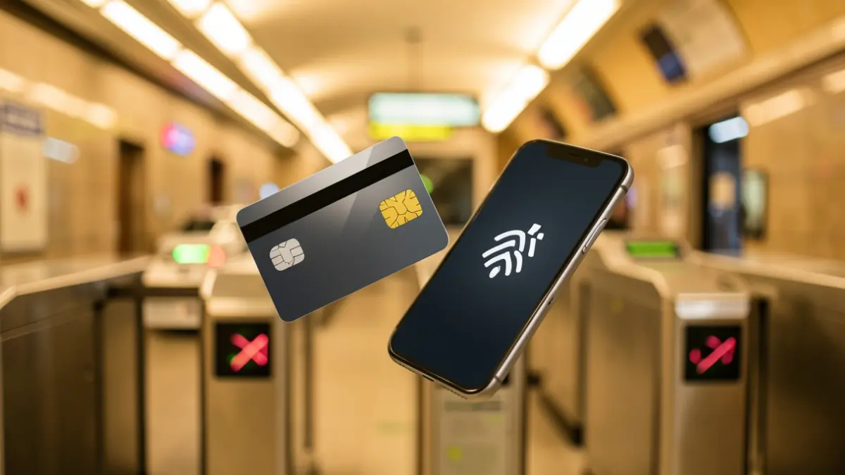 Imagen de una tarjeta de crédito contactless y un smartphone sobre un torniquete del metro de Madrid.
