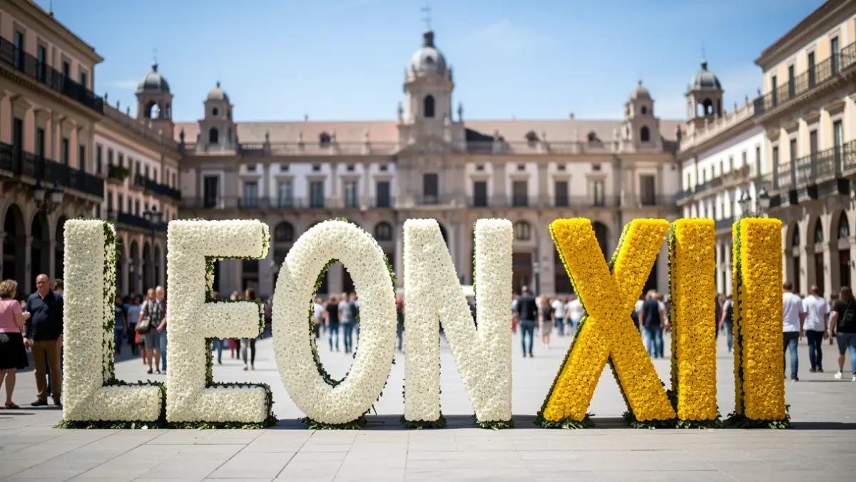 Giant floral letters spelling Pope Leon XIV's name in a Madrid square.