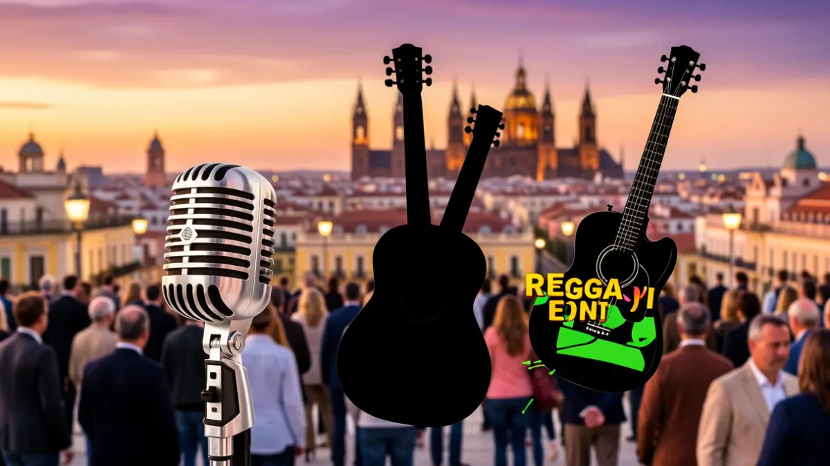 Collage de elementos musicales que representan nostalgia, fado y reggaeton con el skyline de Madrid al atardecer.