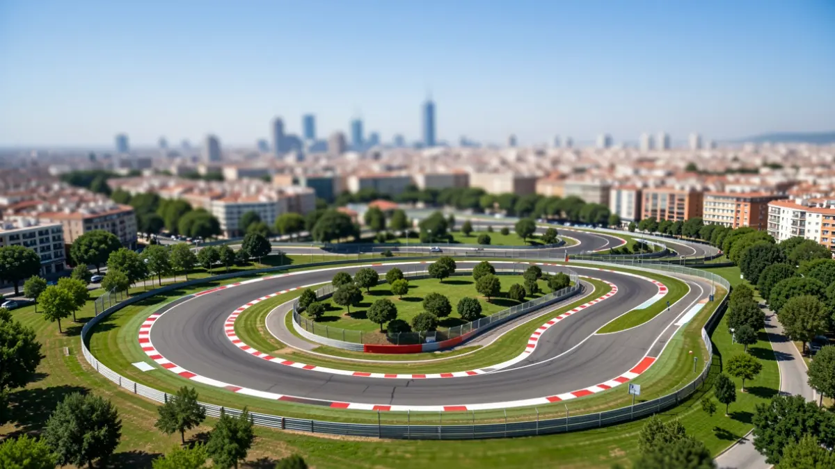 Aerial view of the Madrid Formula 1 circuit with the city in the background.