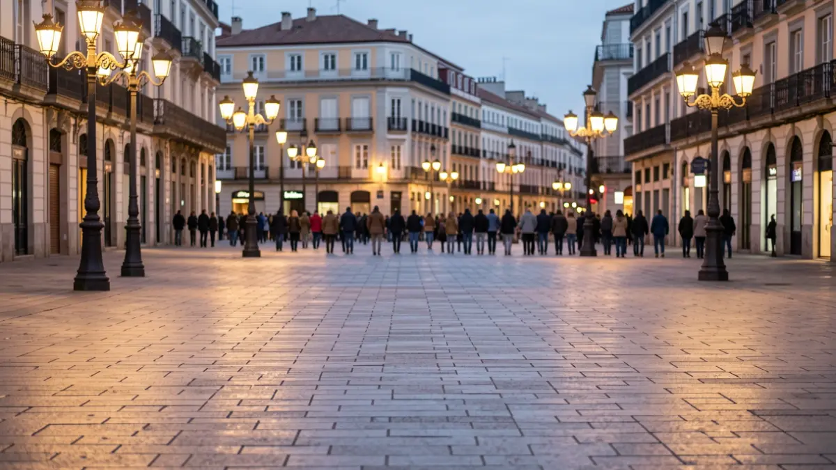 Imagen genérica de una plaza urbana en Madrid al atardecer.
