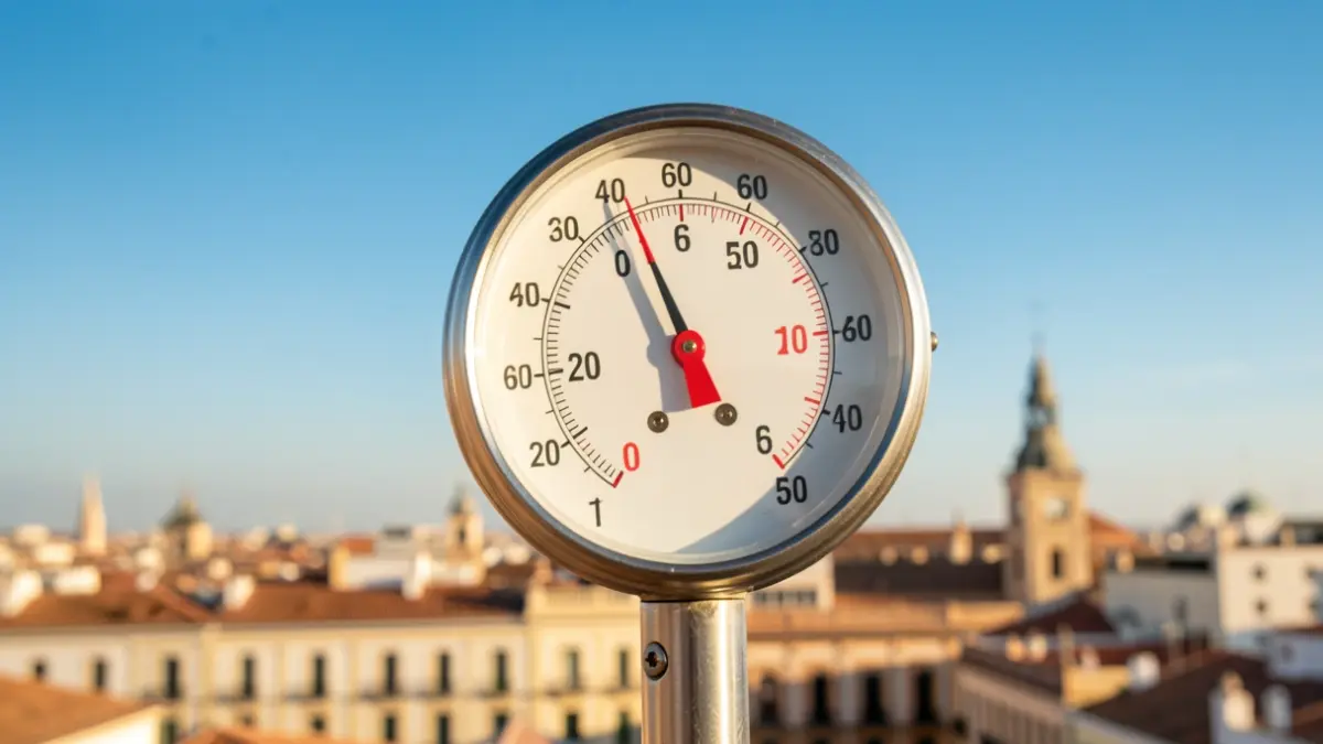 Thermometer showing high temperature over the Madrid sky.