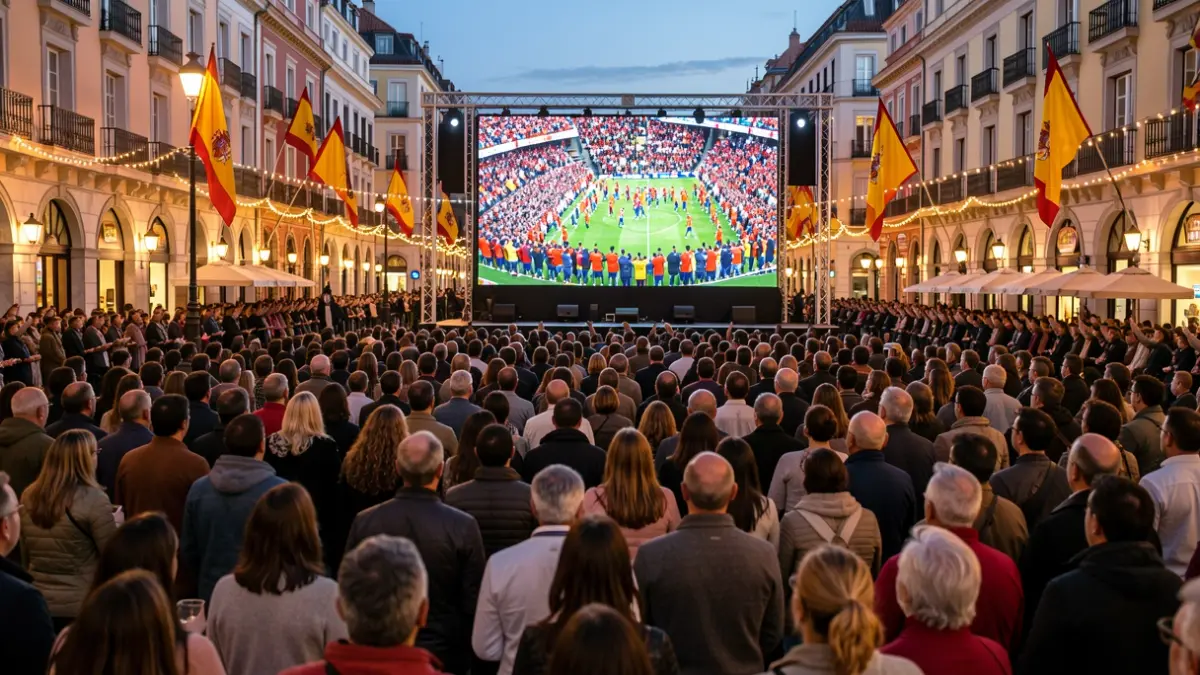 Generic image of a Madrid plaza full of fans watching a football match on a giant screen during the World Cup.