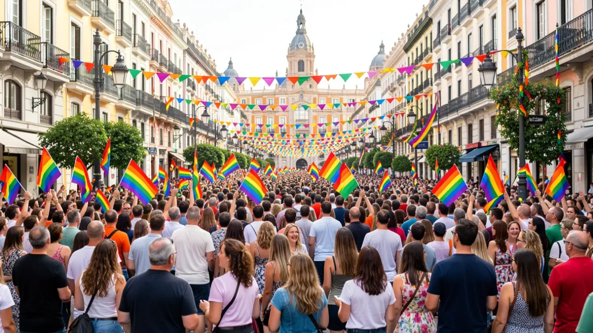 Multitud celebrando el Orgullo LGTBIQ+ en Madrid con banderas arcoíris y decoración festiva.