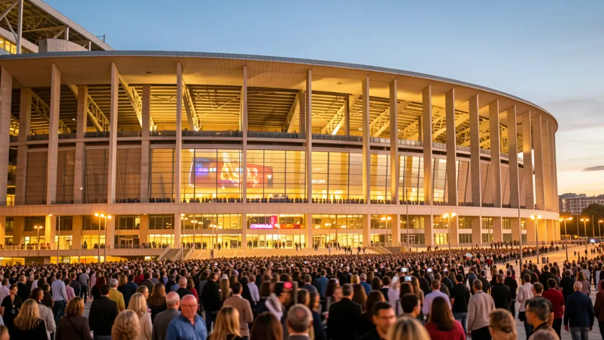 Facade of the Santiago Bernabéu stadium in Madrid with blurred lights and crowd.