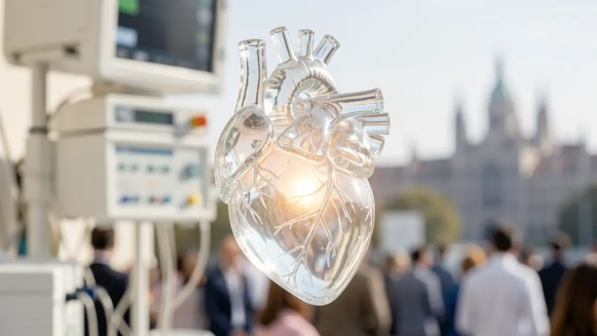 Translucent glass heart with a subtle glow, against a blurred background of medical equipment and the Madrid skyline.