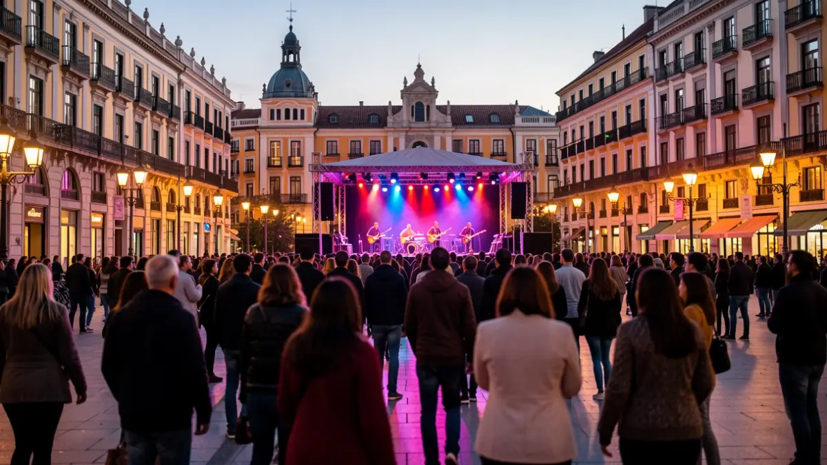Imagen genérica de una plaza de Madrid con un escenario y público disfrutando de música en directo al atardecer.