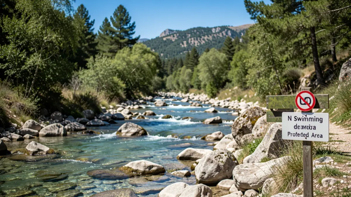 Imagen genérica de un río en un parque natural protegido de la Sierra de Guadarrama con carteles de prohibido el baño.