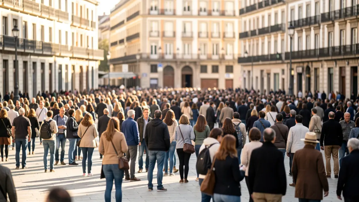 Multitud de personas reunidas en una plaza de Madrid durante la visita oficial.