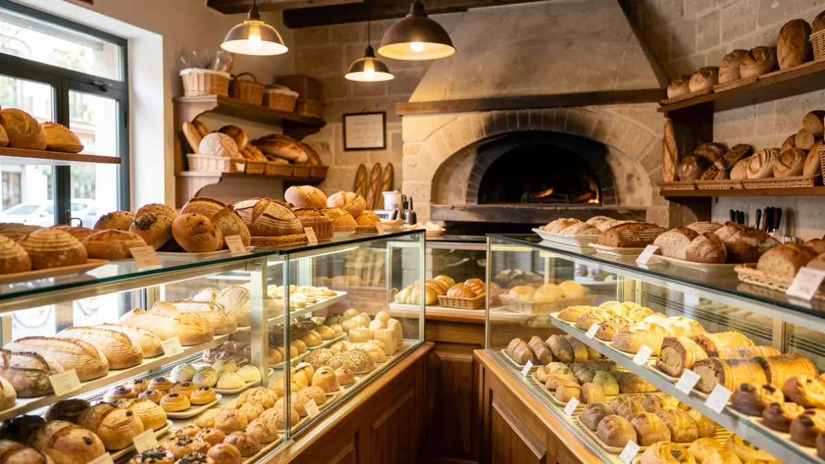 Interior of a French artisanal bakery in Madrid with display cases of bread and pastries.