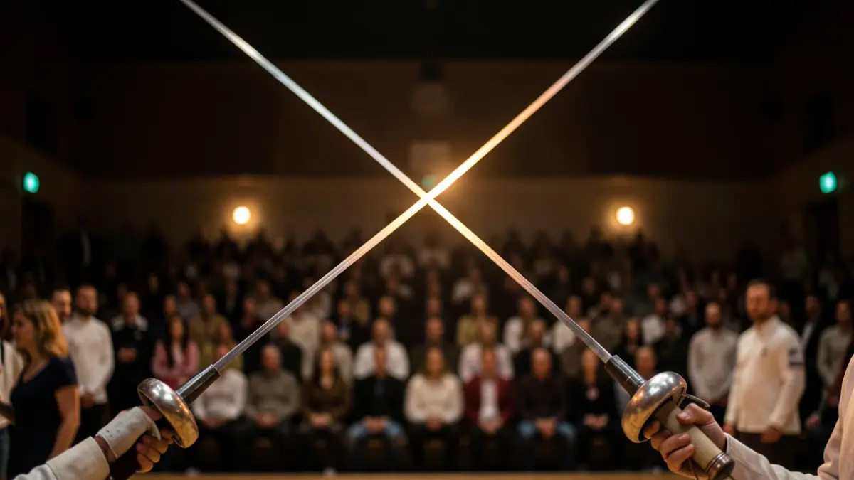 Generic image of crossed fencing foils in a sports hall.