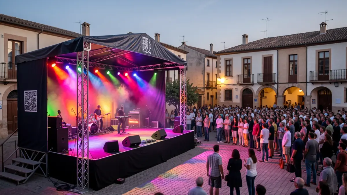Generic image of an outdoor concert in a Spanish square at dusk.