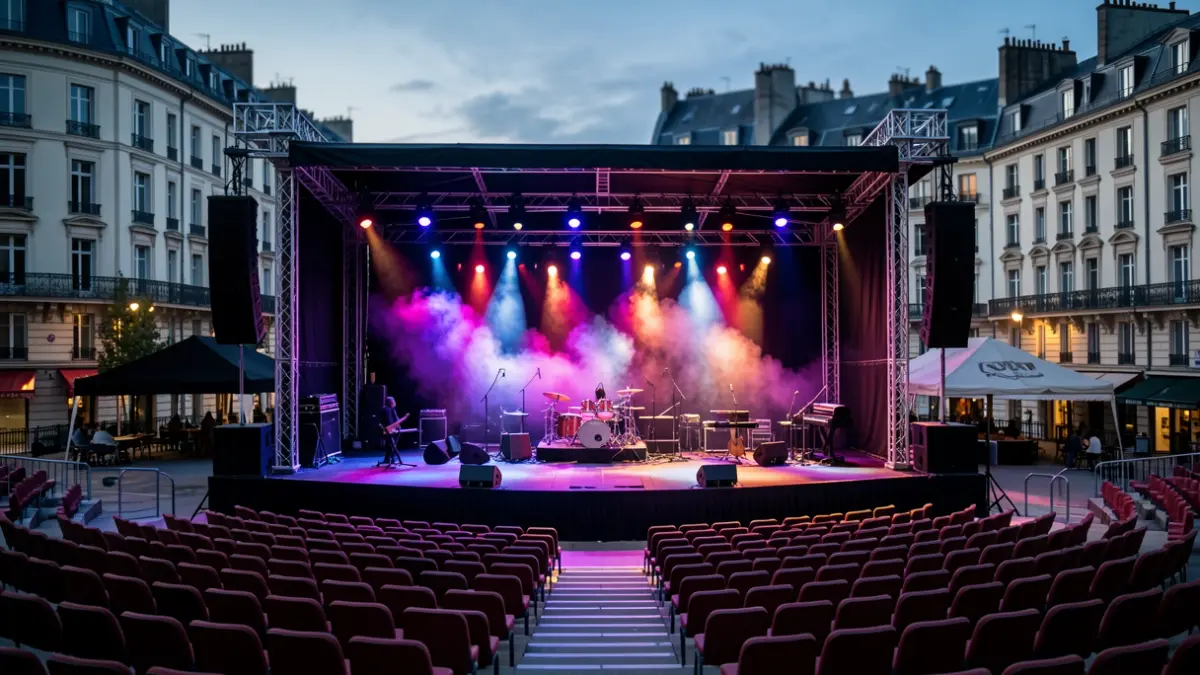 Imagen genérica de un anfiteatro al aire libre iluminado por luces de escenario.
