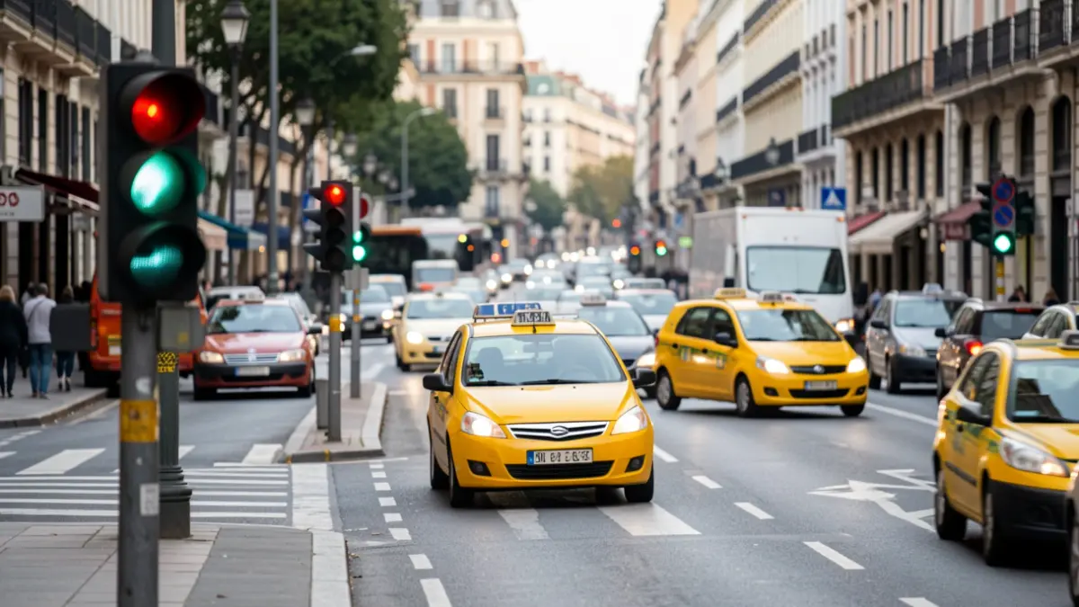 Imagen genérica de tráfico en una calle de Madrid con luces borrosas.