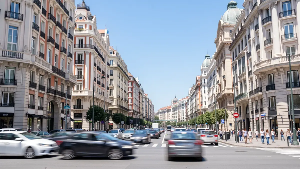 Imagen genérica de la Gran Vía de Madrid con tráfico y peatones.