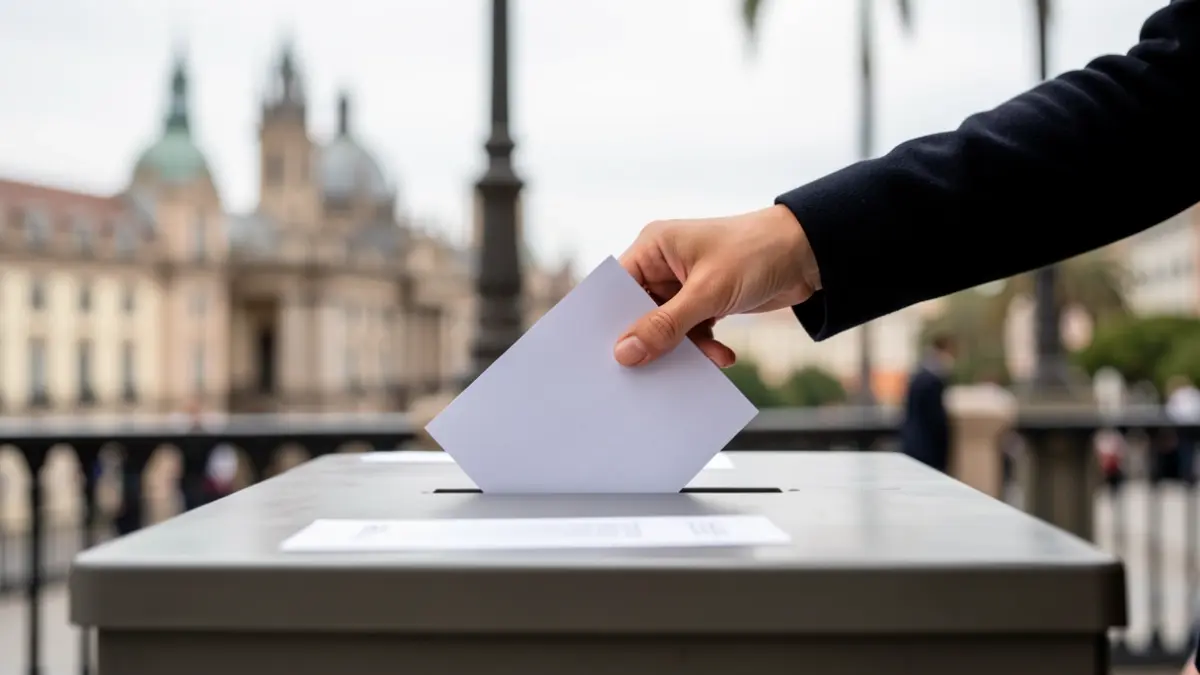 Hand placing a vote into a ballot box with the Madrid skyline in the background.