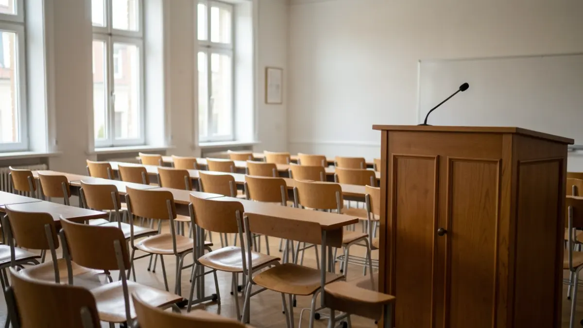 Generic image of an empty university classroom with chairs and a podium.