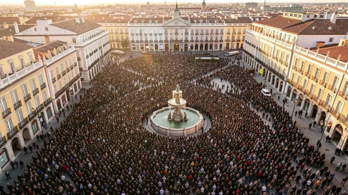 Aerial view of a crowd gathered in an urban square during a massive event.