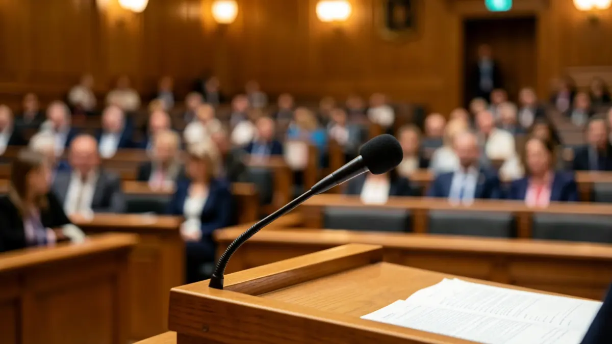 Generic image of a microphone on a podium in a legislative assembly hall.