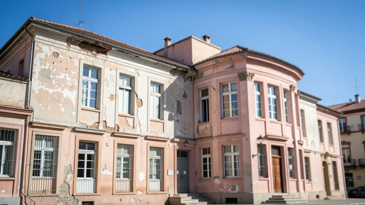 Facade of a public school in Madrid showing signs of disrepair.