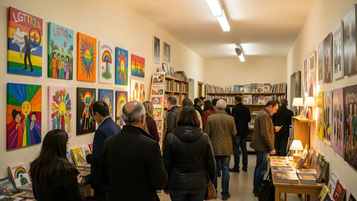 Interior of a community center in Getafe with LGTBIQ+ artwork.
