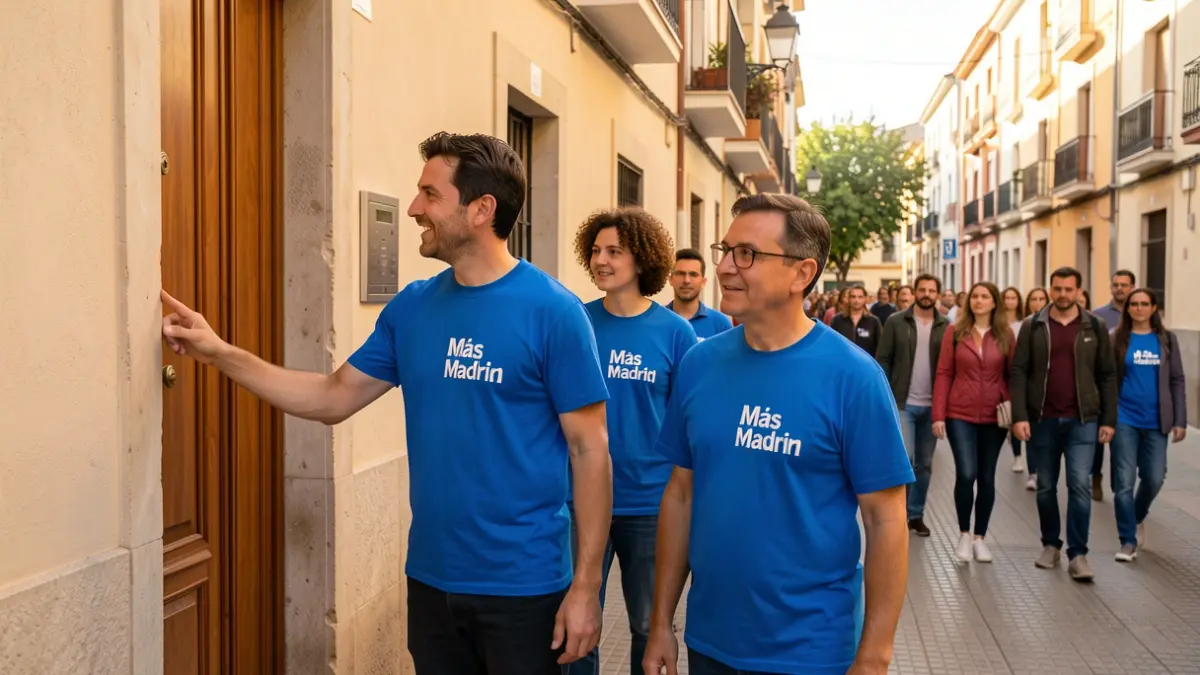 Más Madrid volunteers knocking on a door in a Madrid neighborhood.