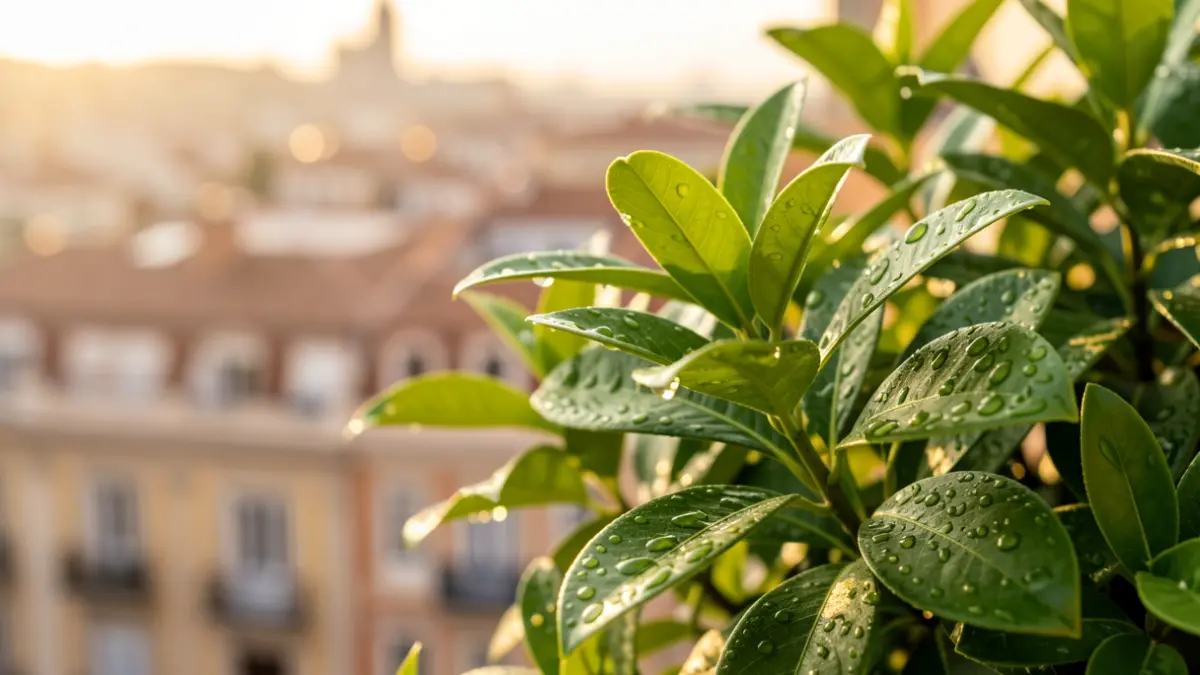 Close-up of a green plant with water droplets, symbolizing an urban climate oasis in Madrid.