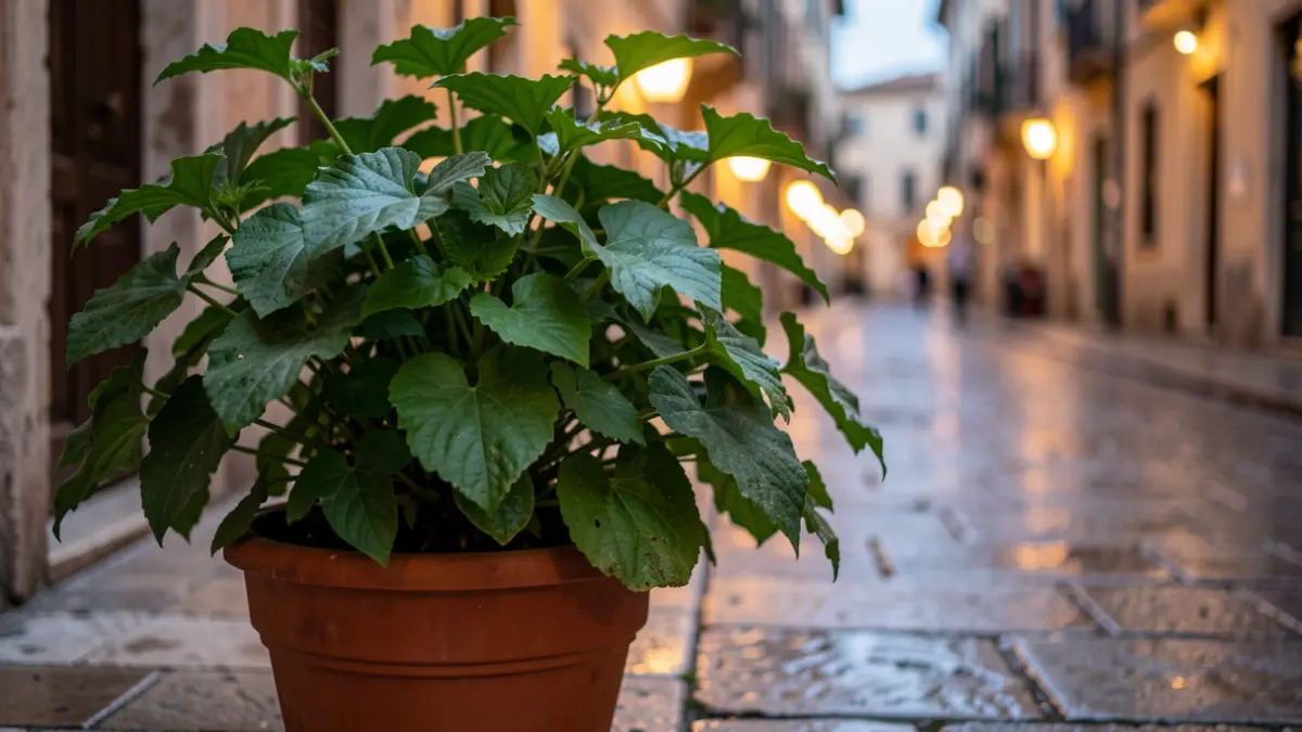Close-up of a leafy green plant in a terracotta pot on a wet, stone-paved sidewalk, with blurred urban lights in the background at dusk.