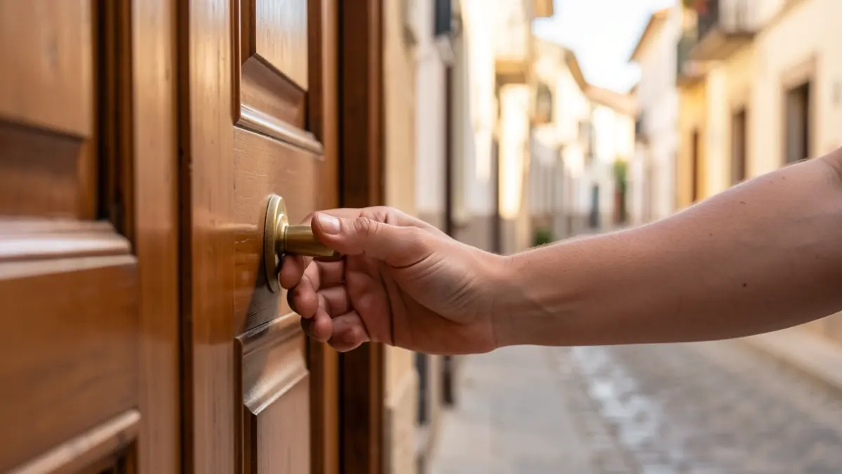 Generic image of a hand knocking on a residential door.