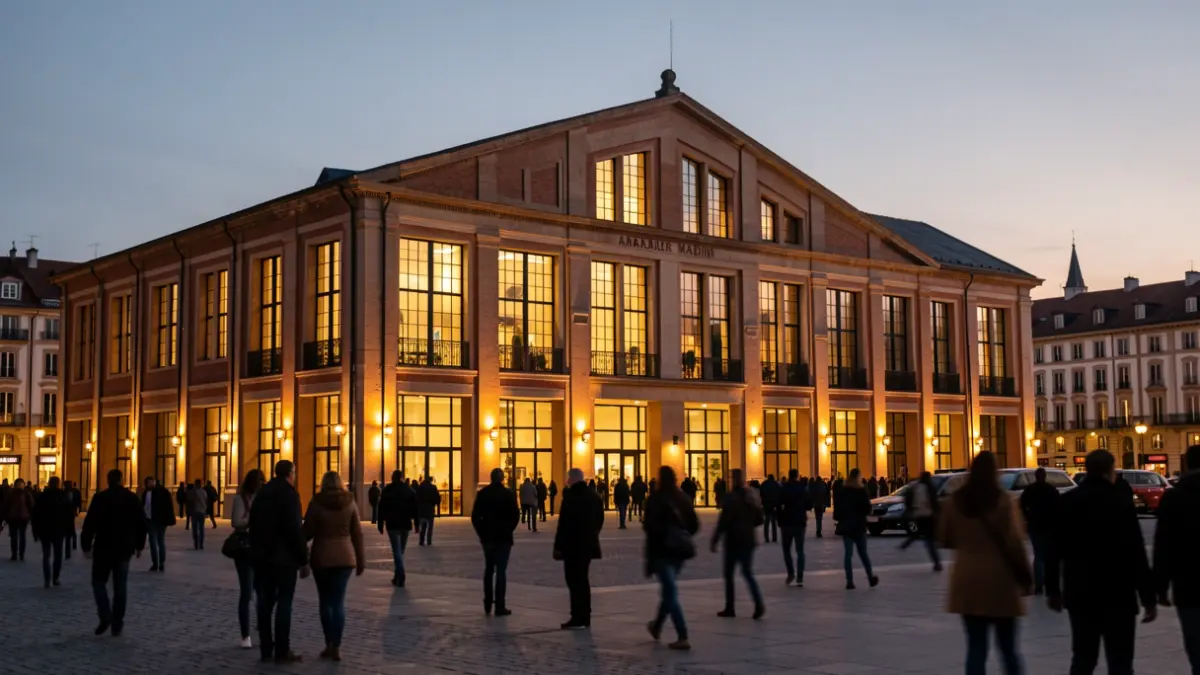 Matadero Madrid cultural center facade at dusk, with warm lights illuminating the plaza and blurred silhouettes of people in the background.