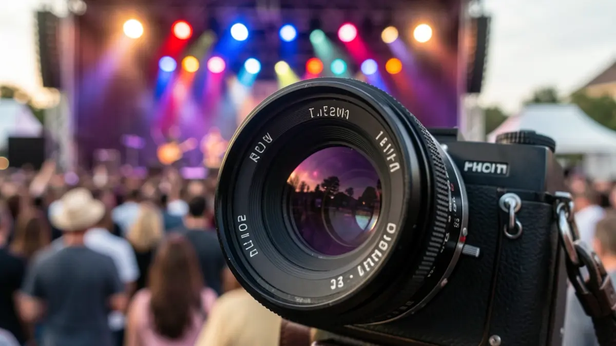 Close-up of a vintage camera lens focusing on a blurred background of a 1990s Spanish music concert, with colorful stage lights and a hint of a crowd.