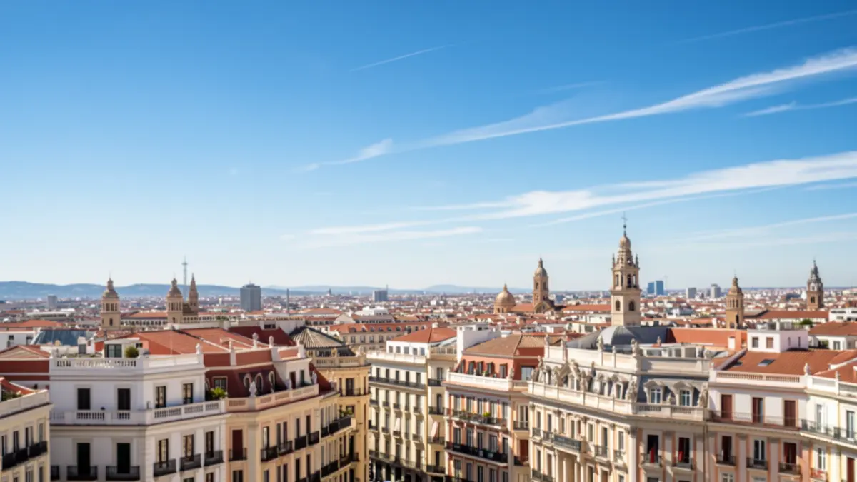 Cielo despejado sobre el perfil urbano de Madrid.