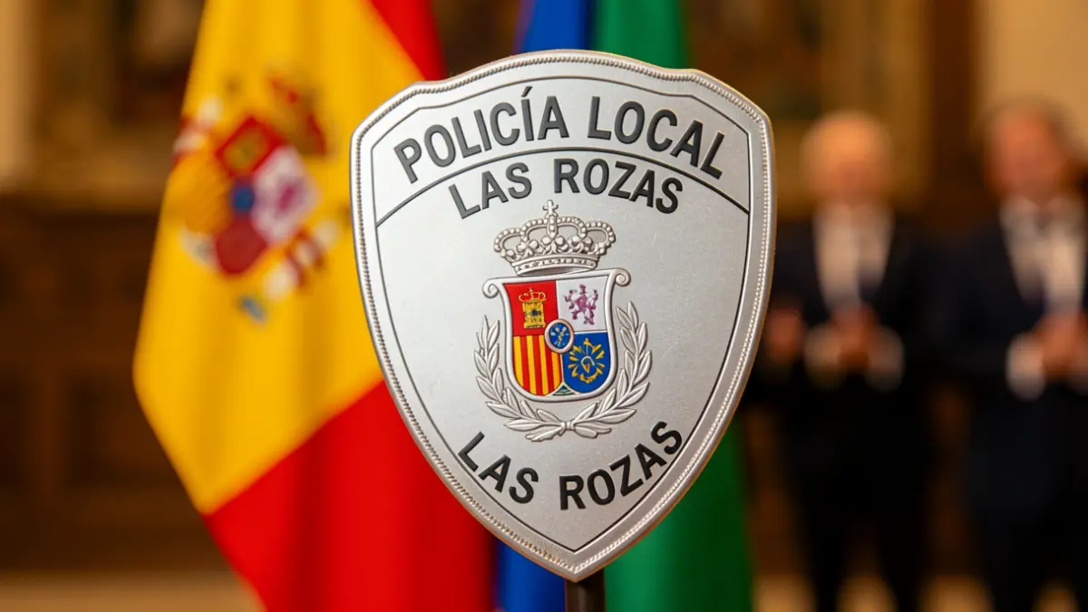 Placa de la Policía Local de Las Rozas con el emblema de la Comunidad de Madrid.