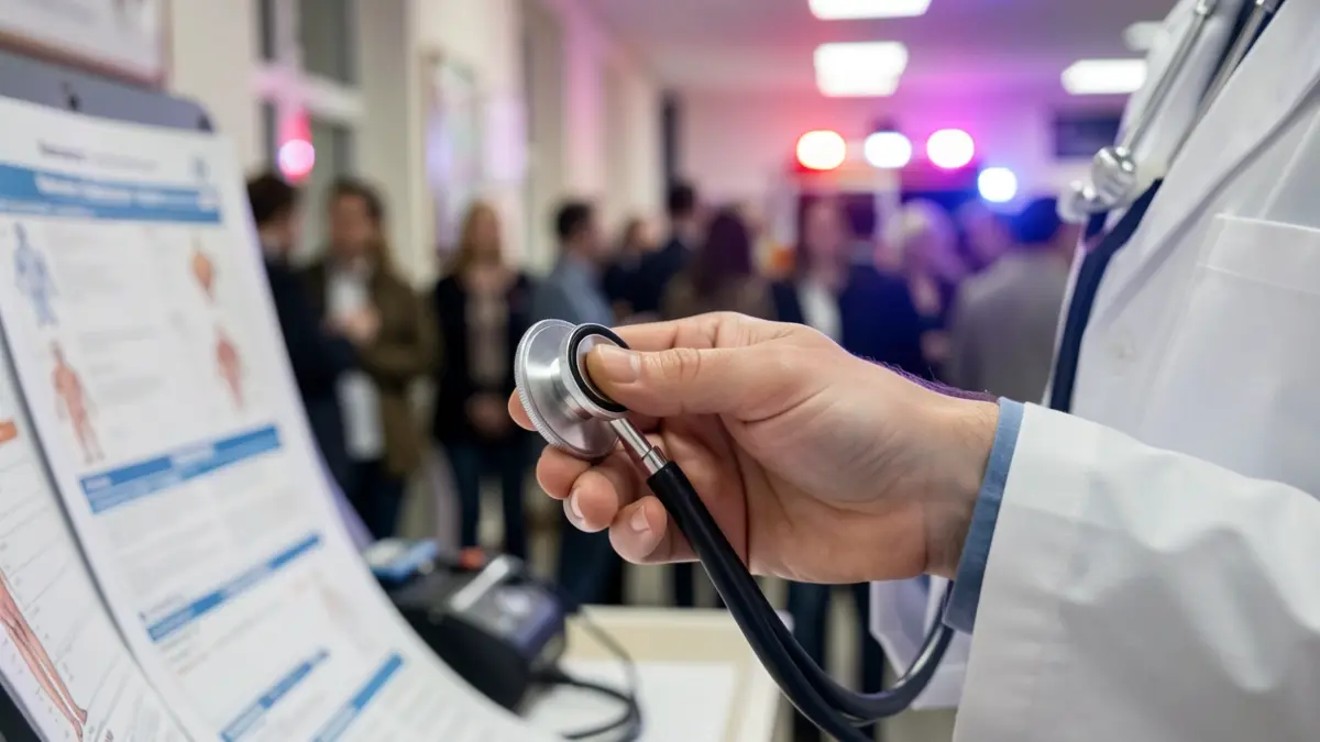 Primer plano de la mano de un médico con un fonendoscopio, con gráficos médicos borrosos y luces de emergencia al fondo.