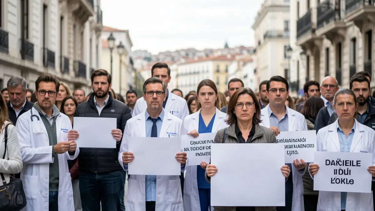 Generic image of doctors protesting in front of a government building in Madrid.