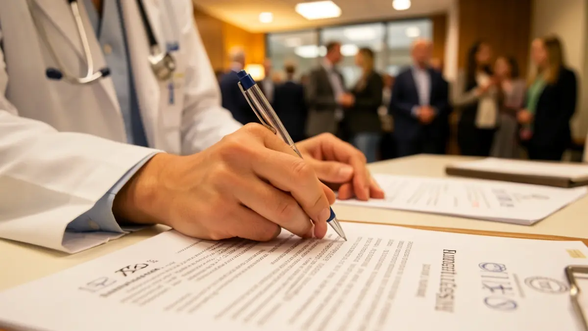 Primer plano de la mano de un médico residente sosteniendo un bolígrafo sobre un documento con texto y símbolos médicos desenfocados.