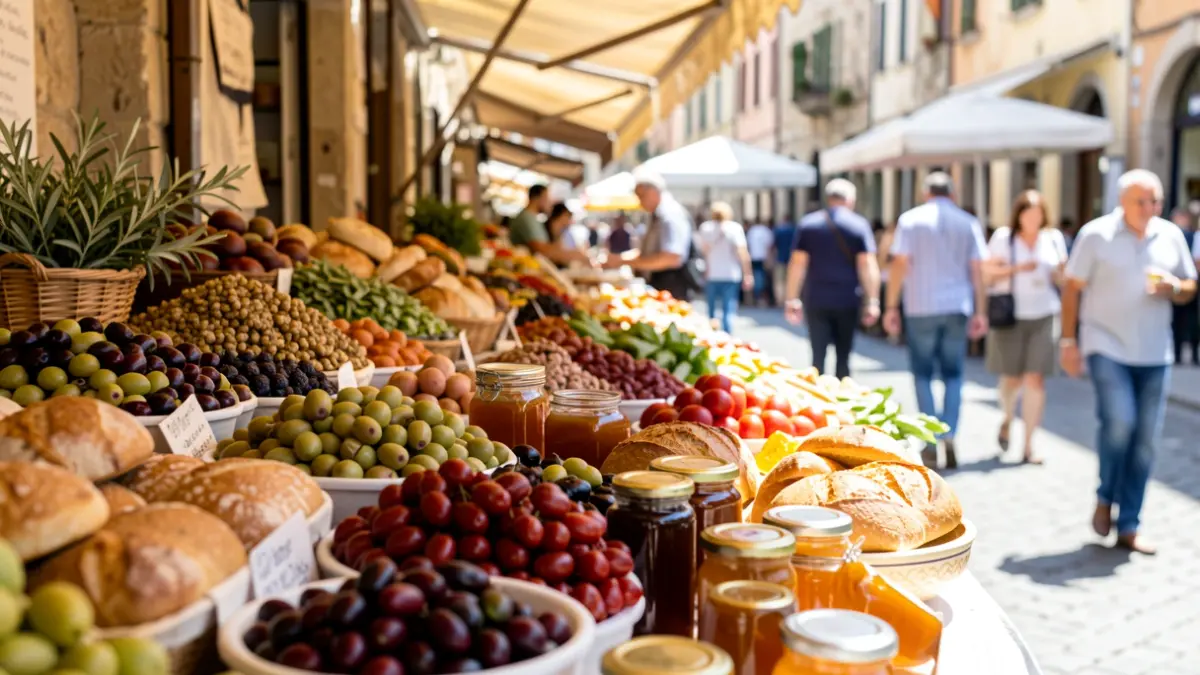 Puesto de mercado con productos locales como aceitunas, pan y miel.