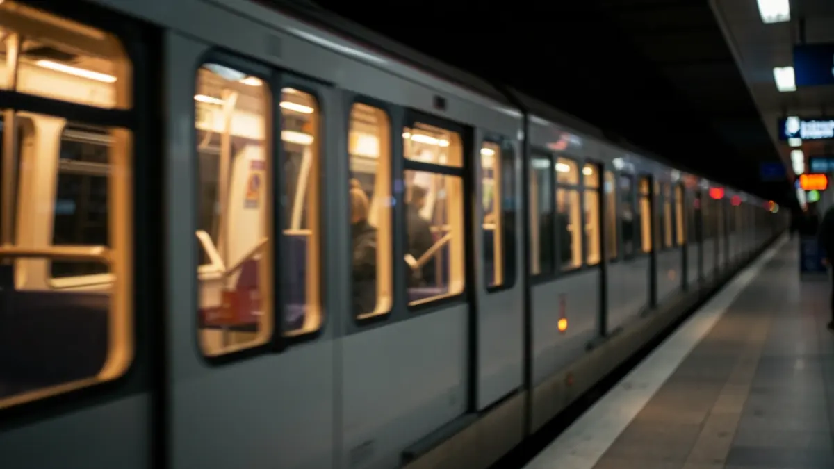 Generic image of a Madrid Metro Line 8 train car at night.