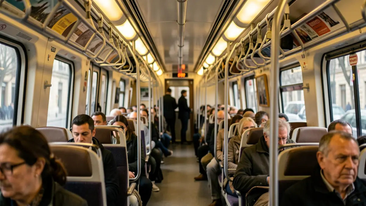 Interior of a Metro de Madrid train car with empty seats and service lights.