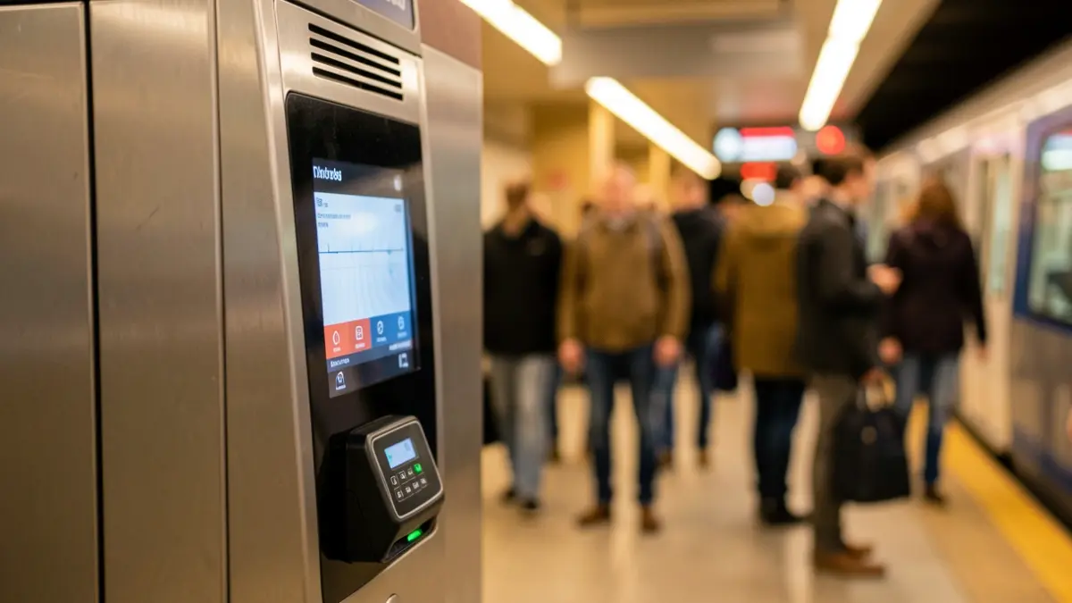 Primer plano de un torno de metro moderno con pantalla LED y lector contactless, fondo desenfocado de andén con luz cálida.