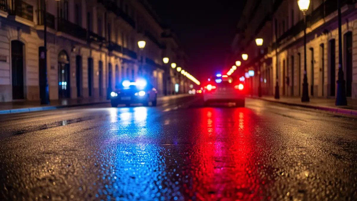 Imagen genérica de luces de emergencia policiales reflejándose en el asfalto mojado por la noche en Madrid.