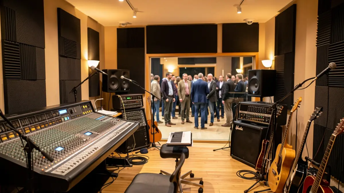 Interior de un estudio de música moderno en Madrid con equipos de ensayo y grabación.