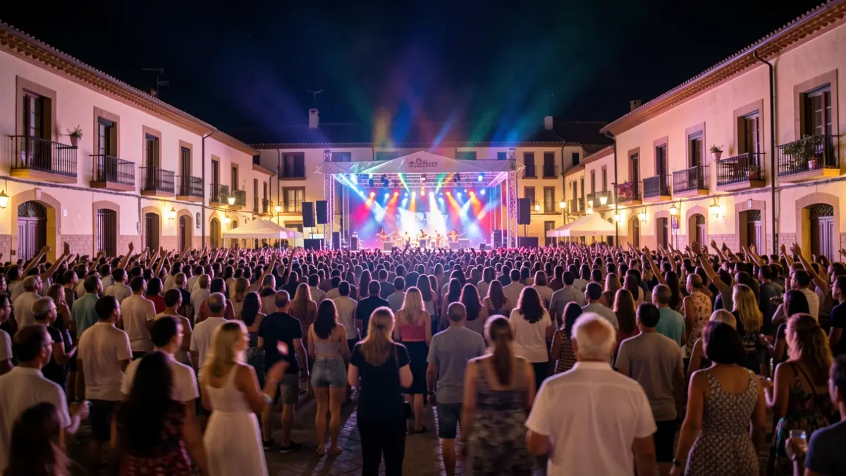 Generic image of an outdoor music festival at night with a crowd and stage lights.