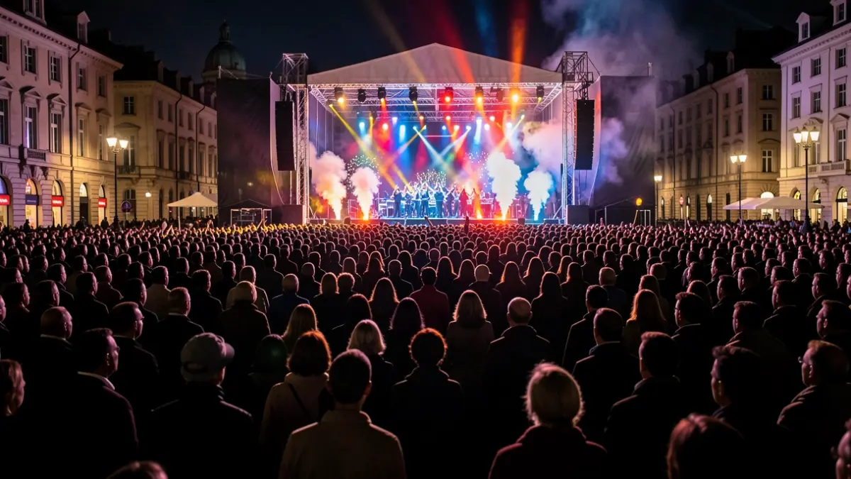 Generic image of a crowd enjoying a night concert with lights and pyrotechnics.
