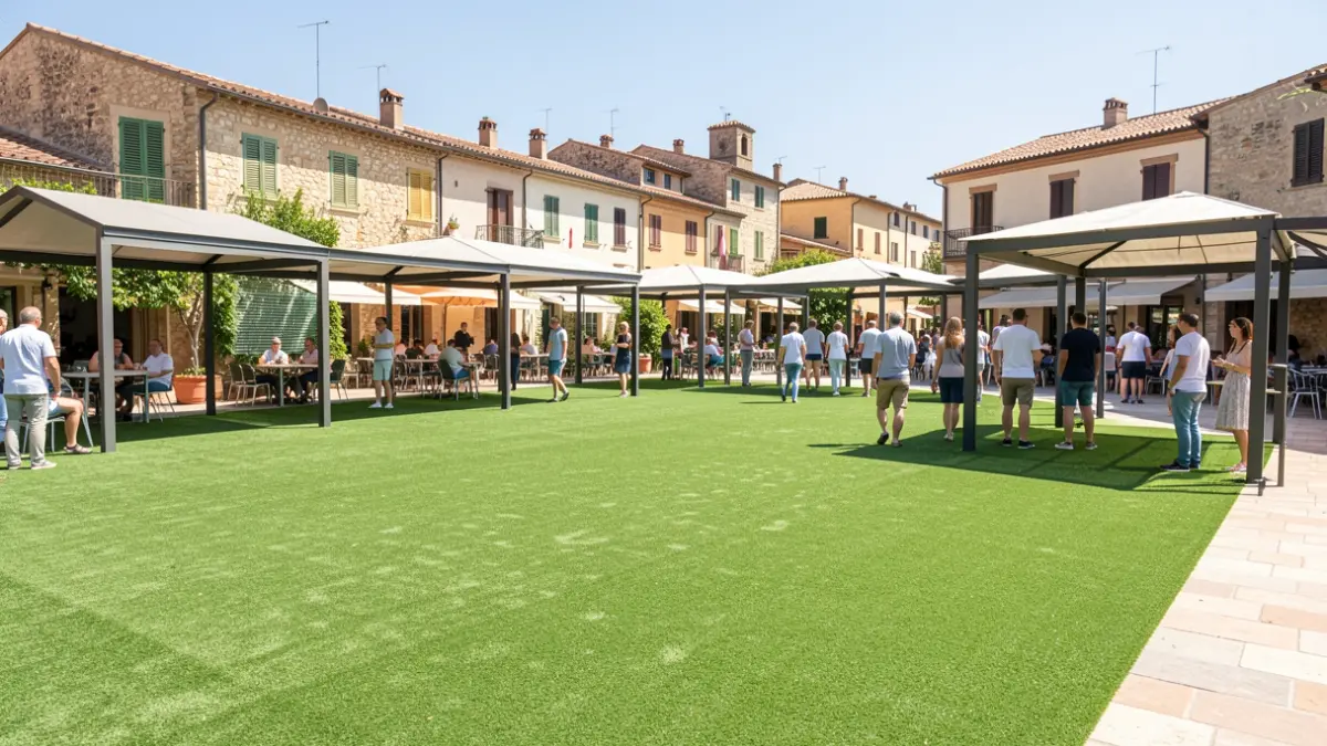 Imagen genérica de un espacio recreativo al aire libre con césped artificial y zonas de sombra.